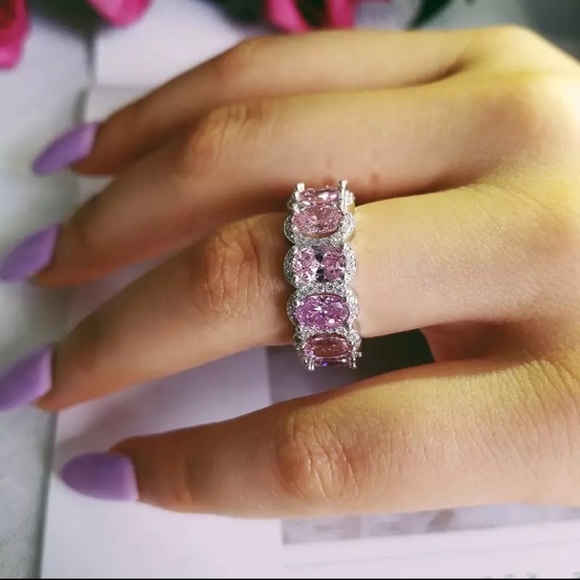 Oval Cut Halo Diamond Pink Clear Wedding Eternity Band - Picture 7 of 16